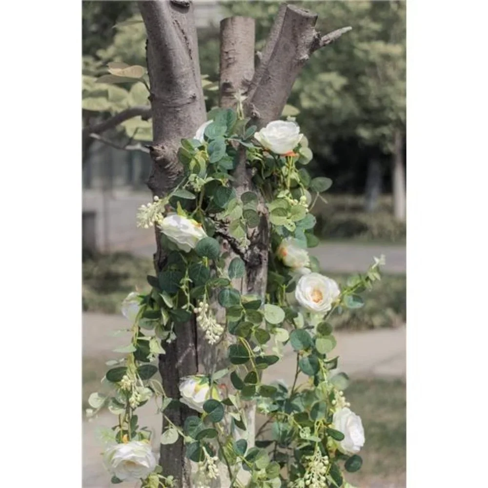 2 Pack 13Ft Artificial Eucalyptus Flower Garland with Fake Rose (White)